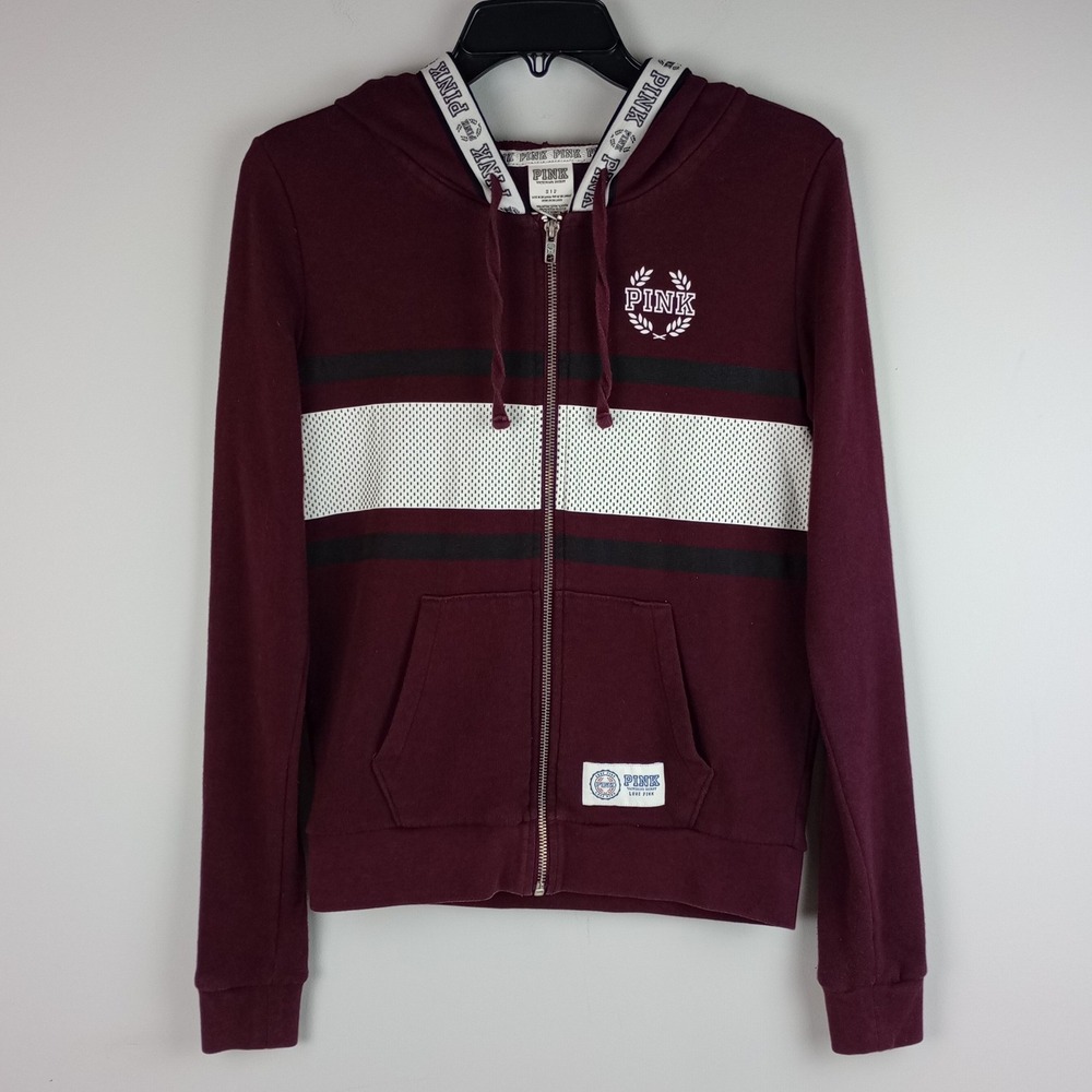 PINK Victoria's Secret Women S Maroon Stripe Logo Full Zip Hoodie Sweatshirt